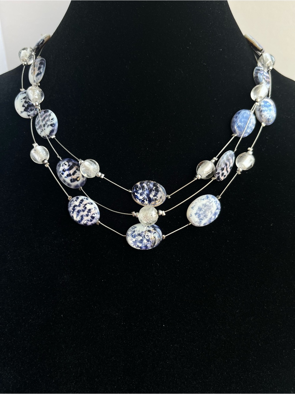 3-Layer Blue & White Shell Beaded Statement Necklace